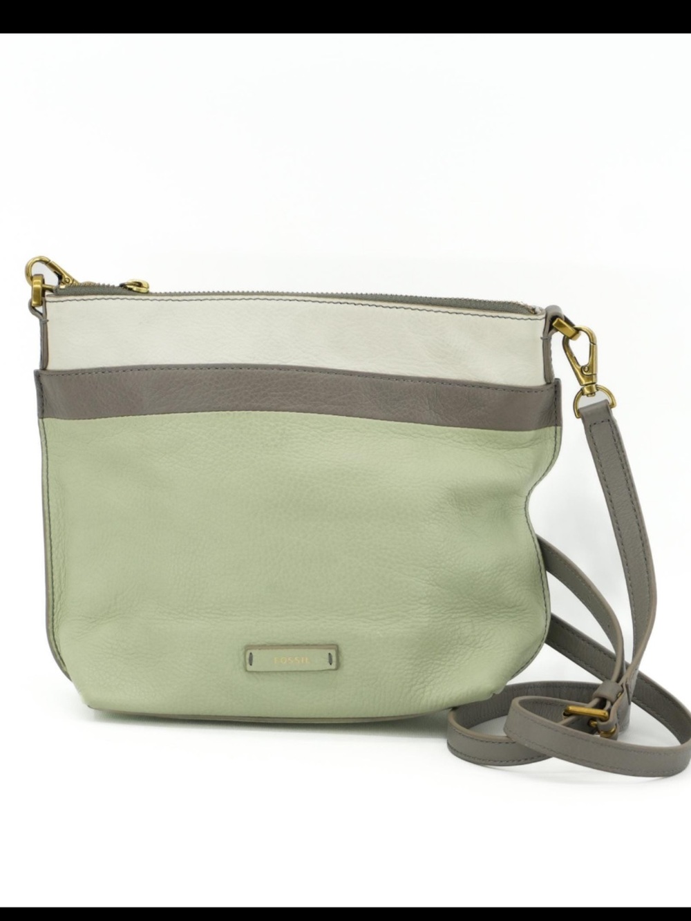 Fossil Genuine Leather Crossbody Bag Cream Sage Taupe Gray Key Charm Colorblock